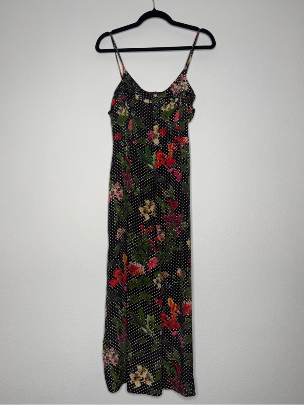 Kachel Anthropologie Polka Dot Floral Jumpsuit Viscose Silk Adjustable Size 4